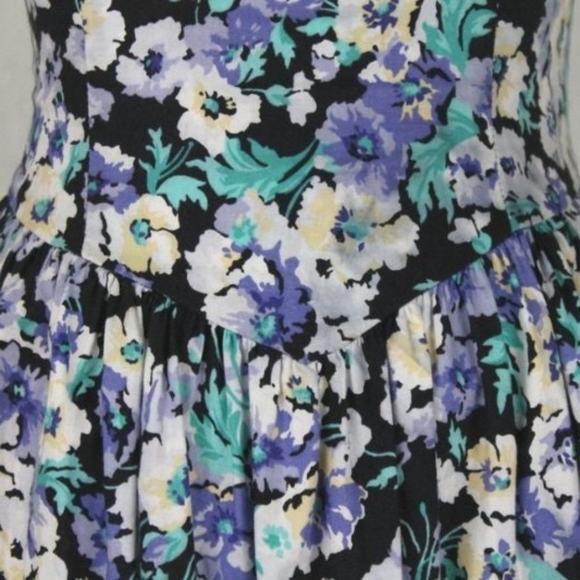Vintage Laura Ashley Cross Back Dress Blue Pansy Print Cotton Made in Ireland